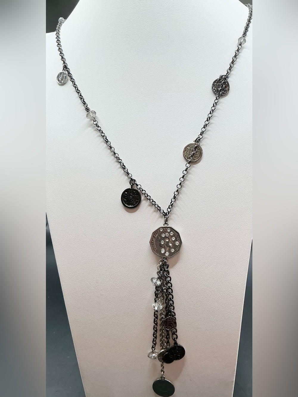 LOFT GUNMETAL COIN DROP LARIAT NECKLACE WITH RHINESTONE DETAIL NWT
